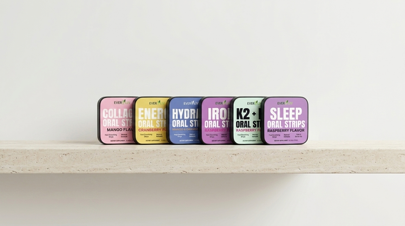 EverLiv oral strips line-up — Collagen, Energy, Hydrate, Iron, K2+D3 and Sleep