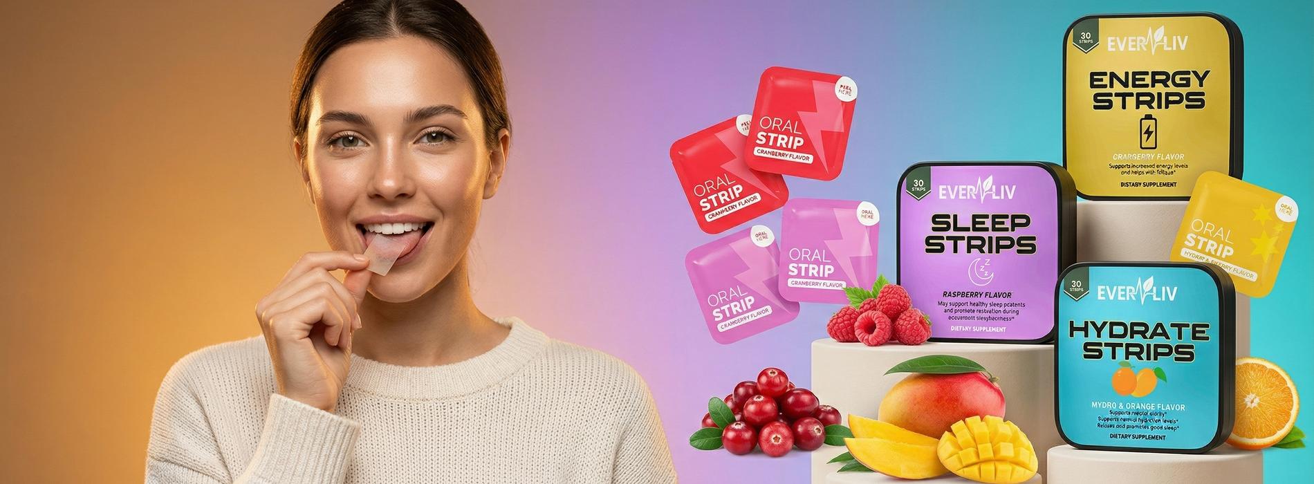 Woman enjoying an EverLiv oral strip with all three product tins