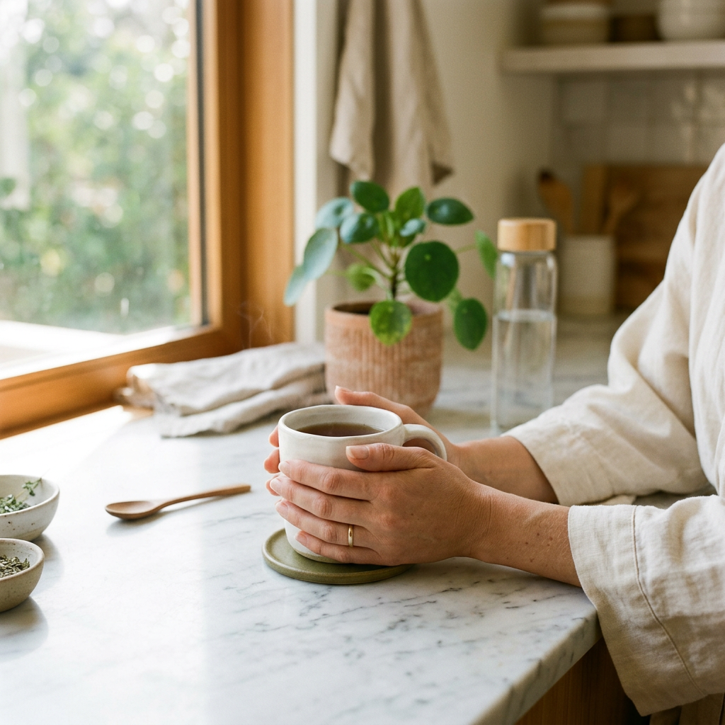 Morning wellness routine with a warm mug