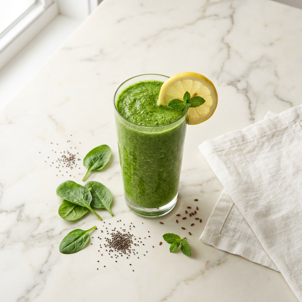 Fresh green smoothie with lemon